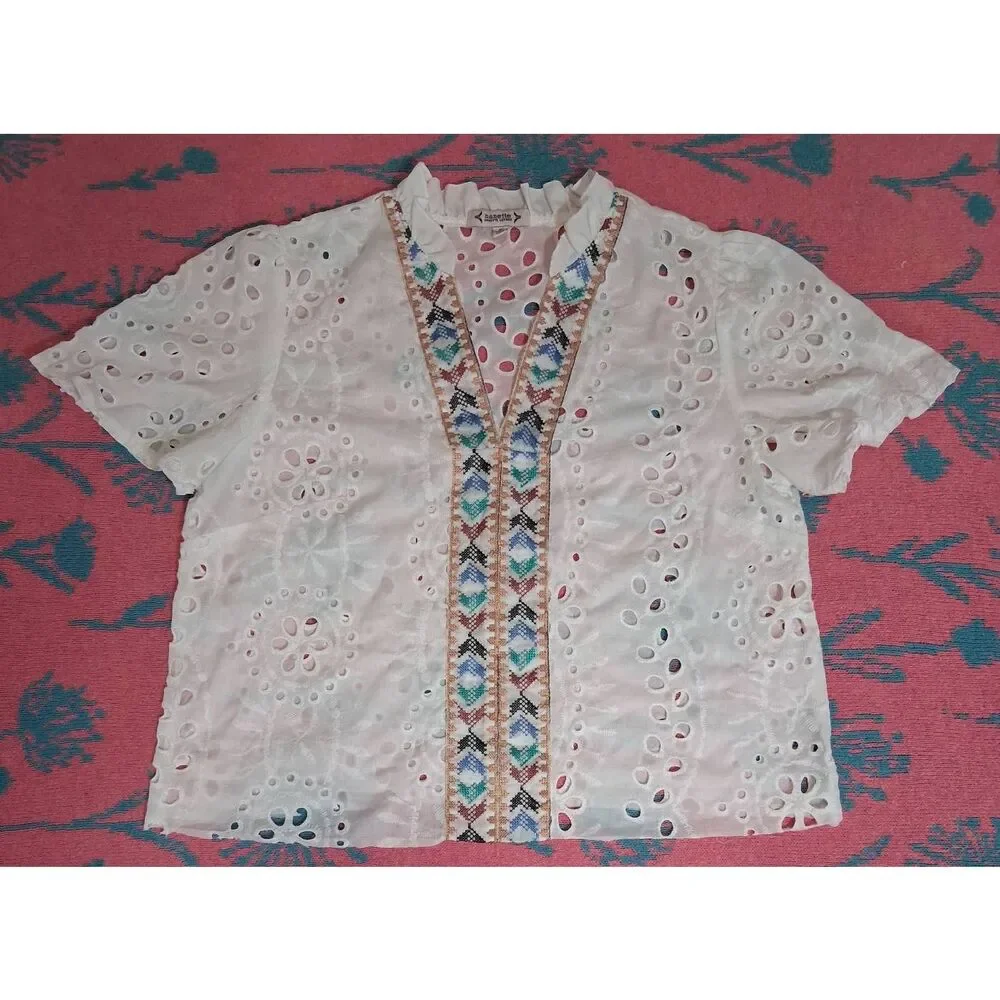 Nanette lepore womens medium white eyes top boxy airy spring summer blouse